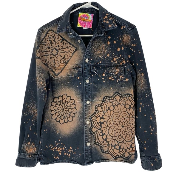 Reworked Boho Denim Jean Shirt Jacket Shacket Womens Size Small Unisex Mandala - Picture 1 of 9